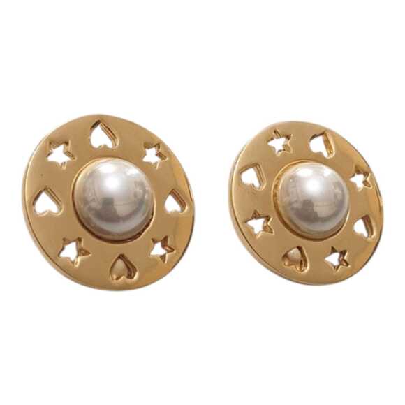 Vintage Carolee Gold Tone Faux Pearl Round Clip‎ Earrings Cut Out Stars & Hearts - Picture 1 of 4